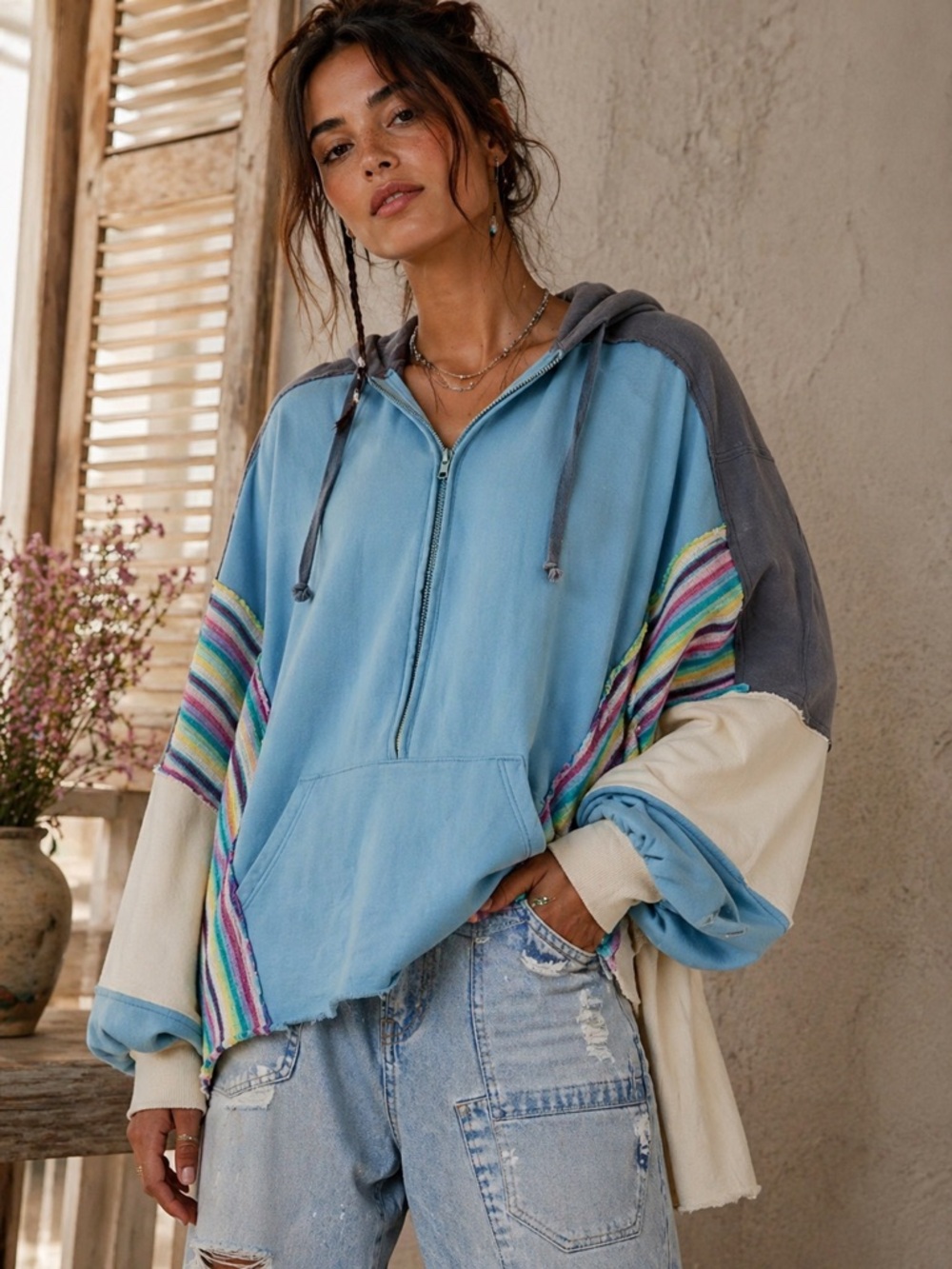 # 21 New! Oversized Hoodie  with Multi-Color Stripe Accents